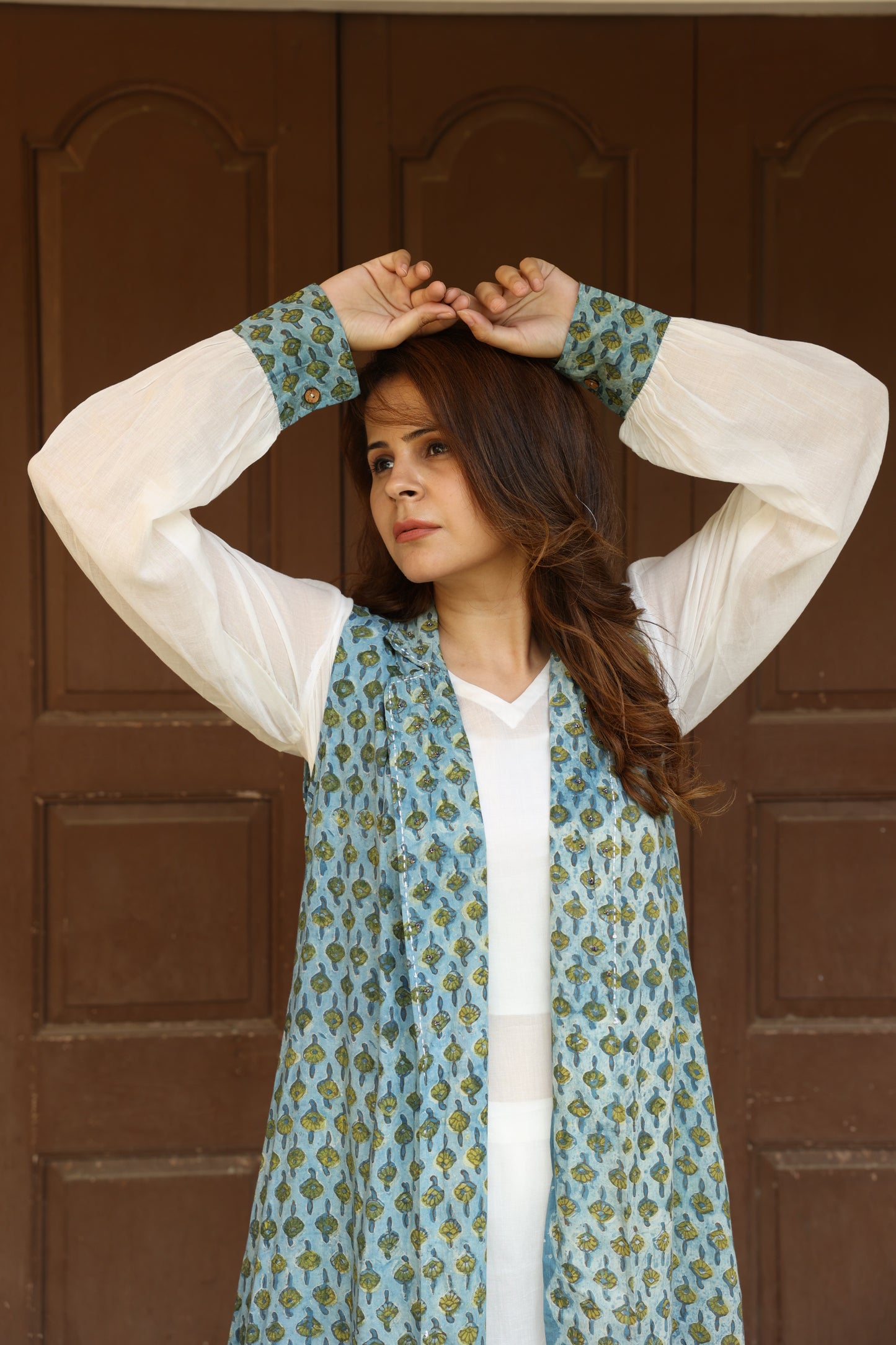 Green Open Jacket Block Printed Co-Ord Set (Set of 3)