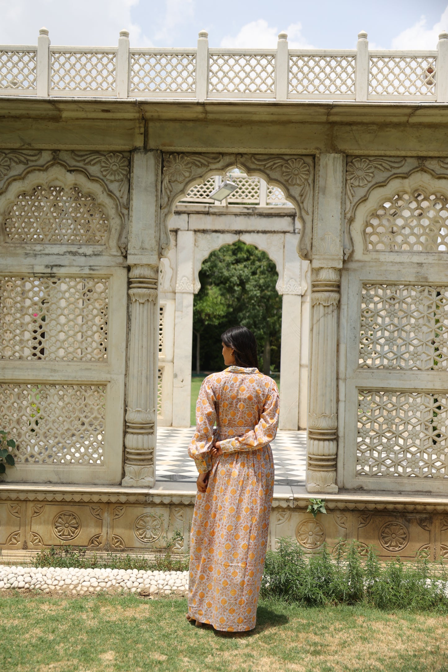 Yellow Floral Mulmul Block Printed Dress