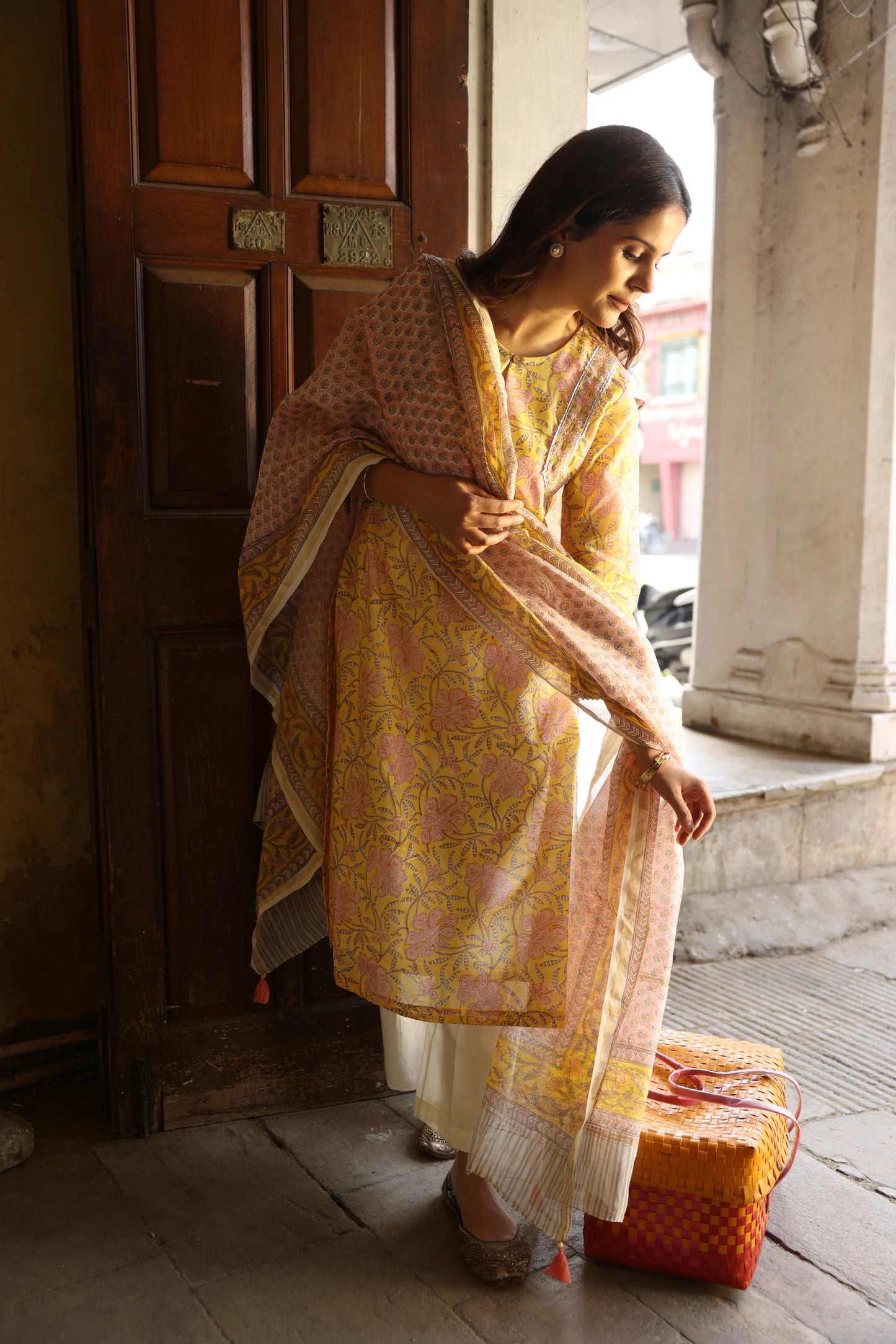 Yellow & Peach Block Printed Chanderi Suit Set (Set of 3)
