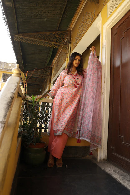 Deep Blue Block Printed Chanderi Suit Set (Set of 3)