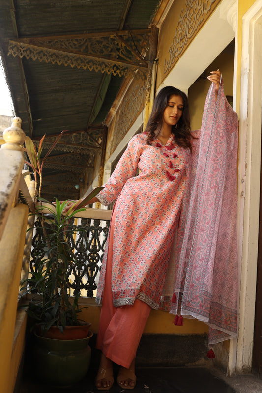 Coral Chanderi Suit (Set of 3)