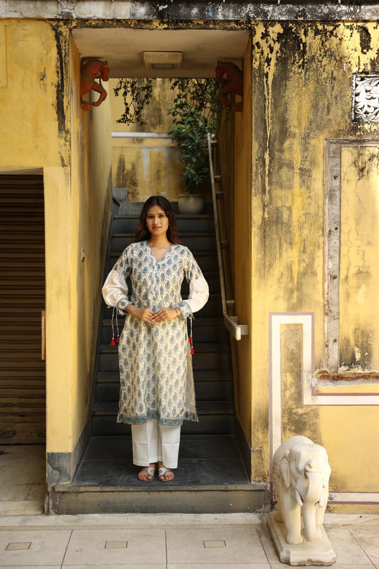 Deep Blue Block Printed Chanderi Suit Set (Set of 3)