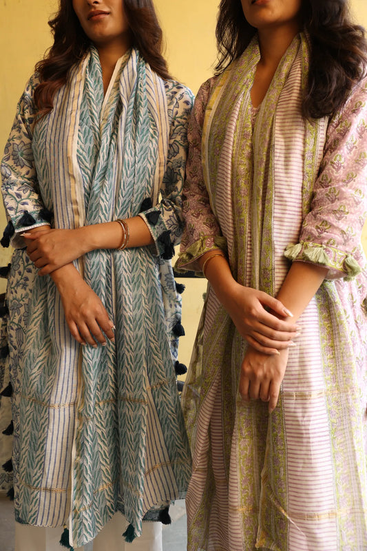Deep Blue Block Printed Chanderi Suit Set (Set of 3)