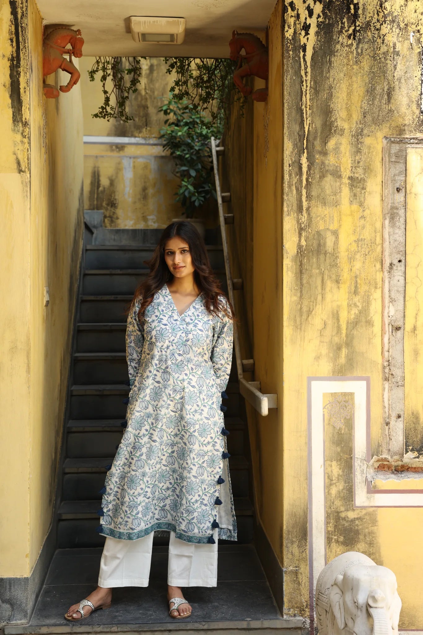 Deep Blue Block Printed Chanderi Suit Set (Set of 3)