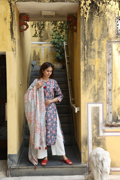 Midnight Bloom Chanderi Suit (Set of 3)