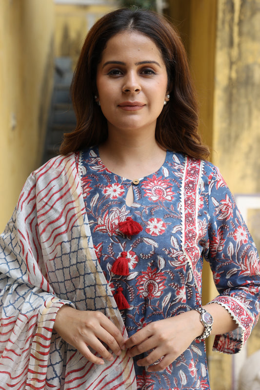 Midnight Bloom Chanderi Suit (Set of 3)