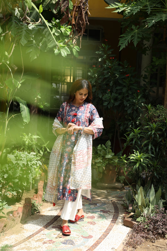 Midnight Bloom Chanderi Suit (Set of 3)