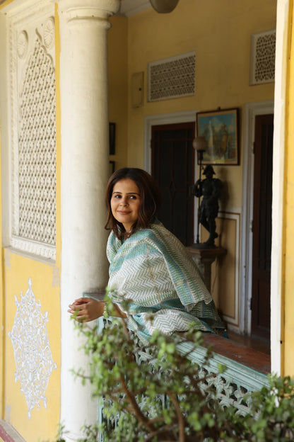 Blue & Green Block Printed Chanderi Suit Set (Set of 3)