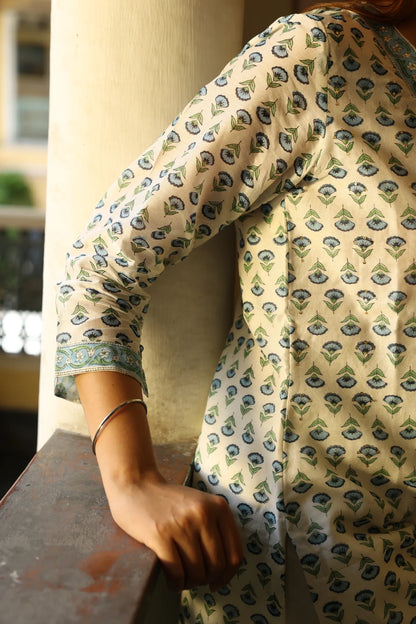 Blue & Green Block Printed Chanderi Suit Set (Set of 3)