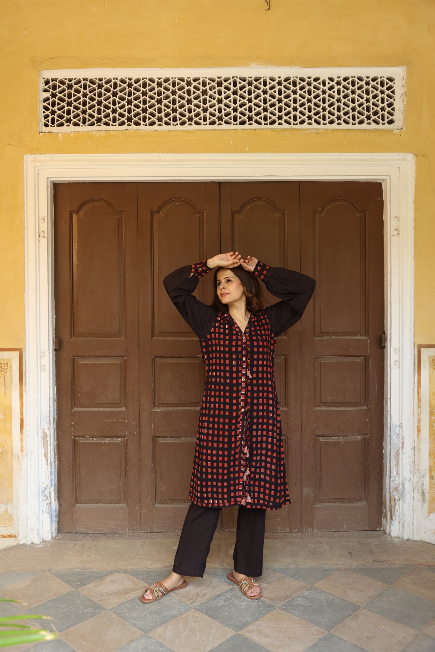 Brick Colour Open Jacket Block Printed Co-Ord Set (Set of 3)