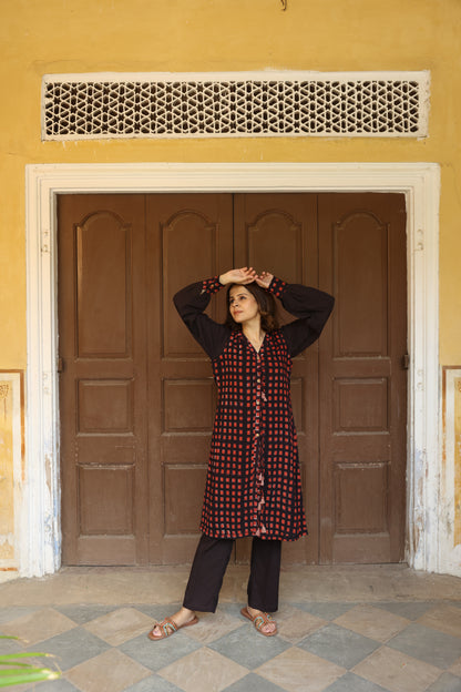Brick Colour Open Jacket Block Printed Co-Ord Set (Set of 3)