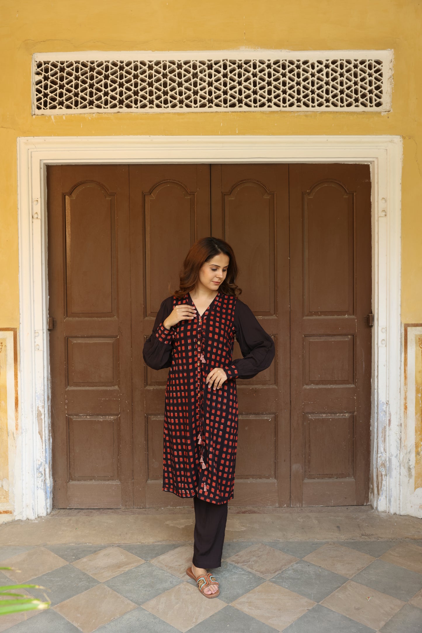 Brick Colour Open Jacket Block Printed Co-Ord Set (Set of 3)
