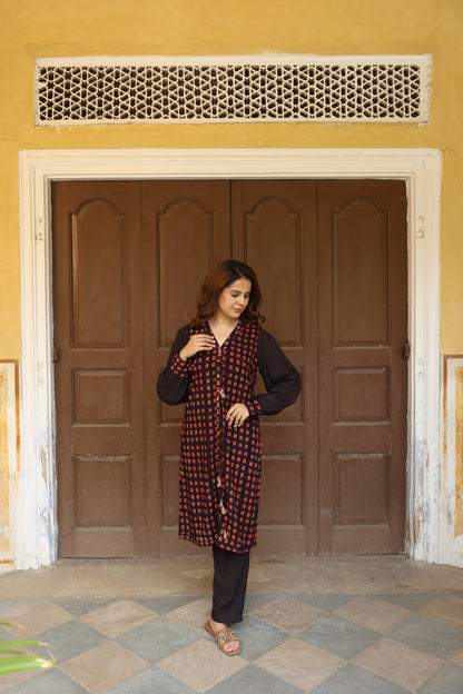Brick Colour Open Jacket Block Printed Co-Ord Set (Set of 3)