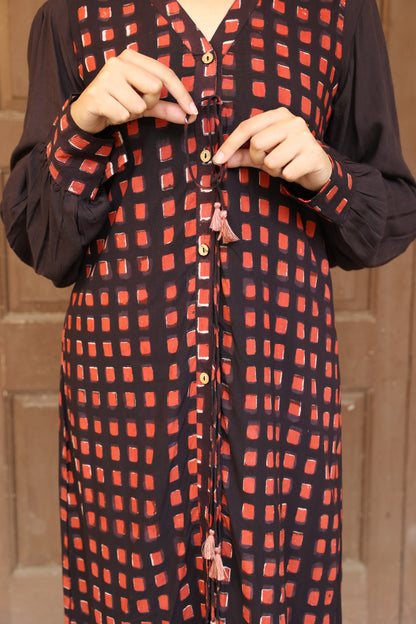 Brick Colour Open Jacket Block Printed Co-Ord Set (Set of 3)