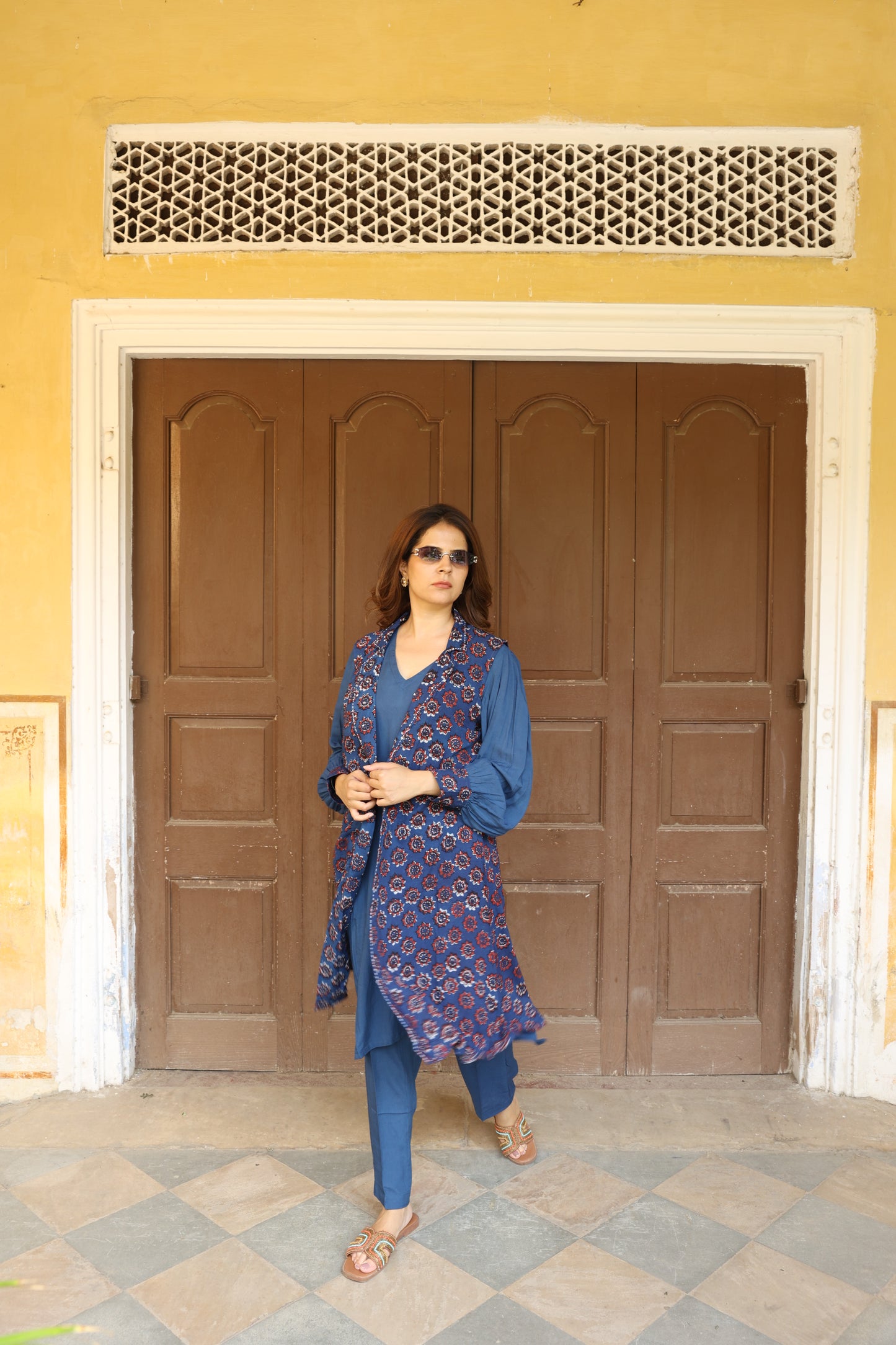 Deep Blue Open Jacket Block Printed Co-Ord Set (Set of 3)