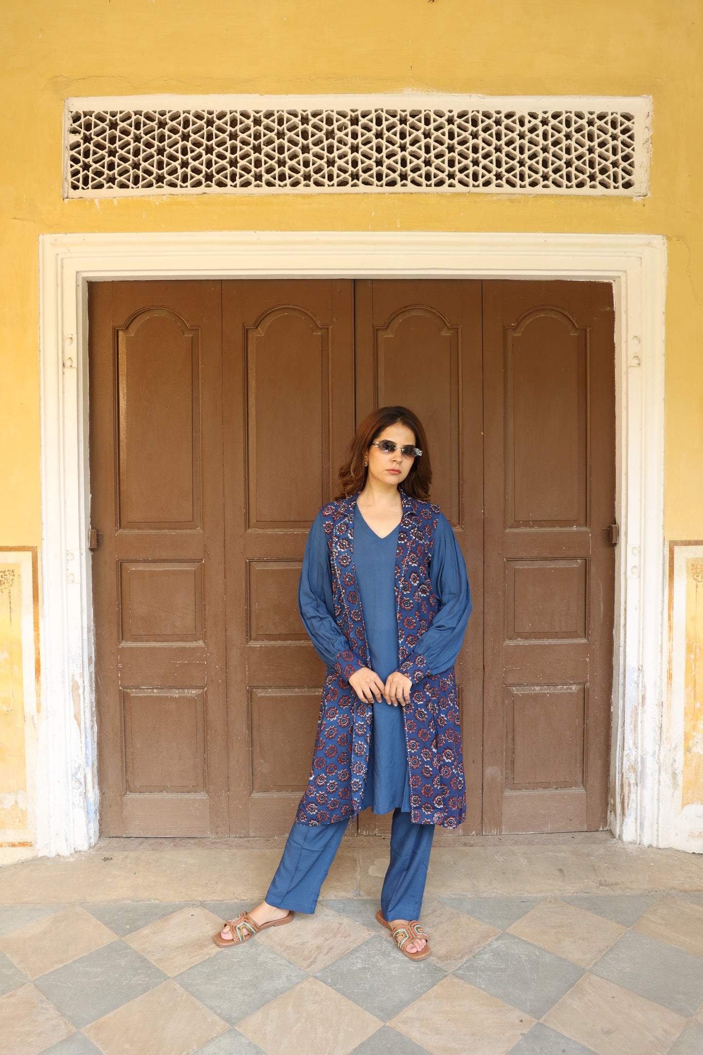 Deep Blue Open Jacket Block Printed Co-Ord Set (Set of 3)