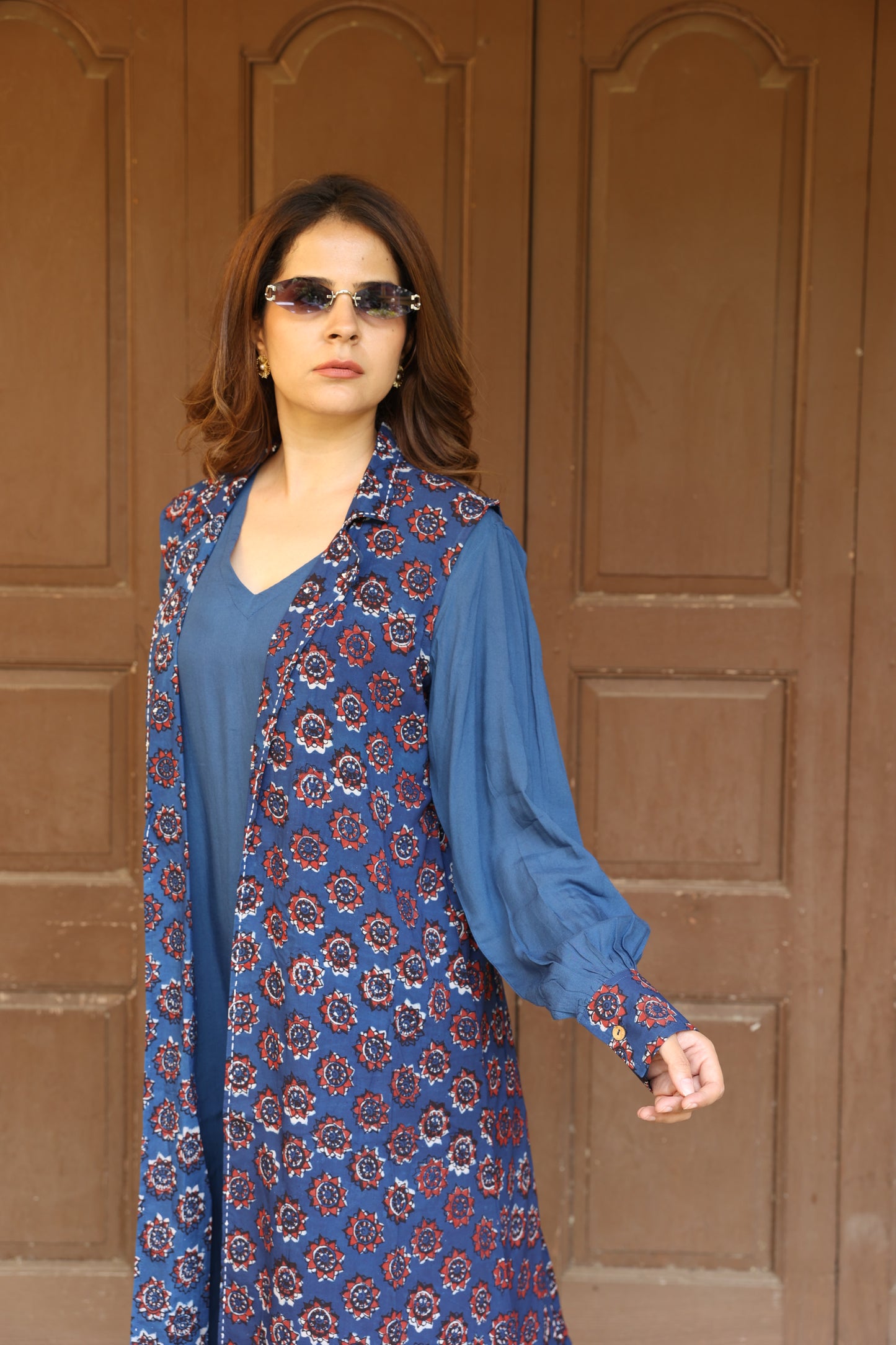 Deep Blue Open Jacket Block Printed Co-Ord Set (Set of 3)