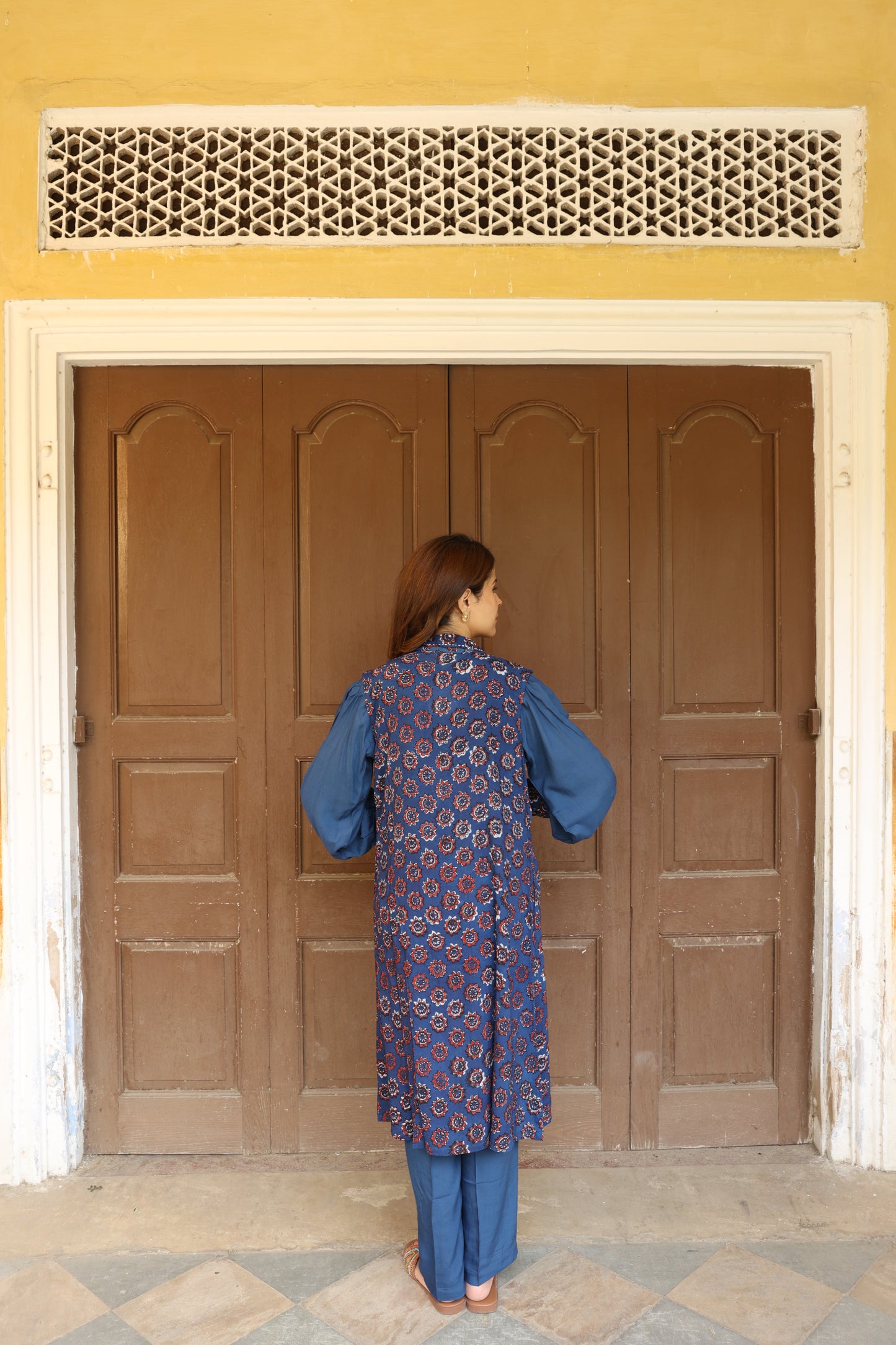 Deep Blue Open Jacket Block Printed Co-Ord Set (Set of 3)