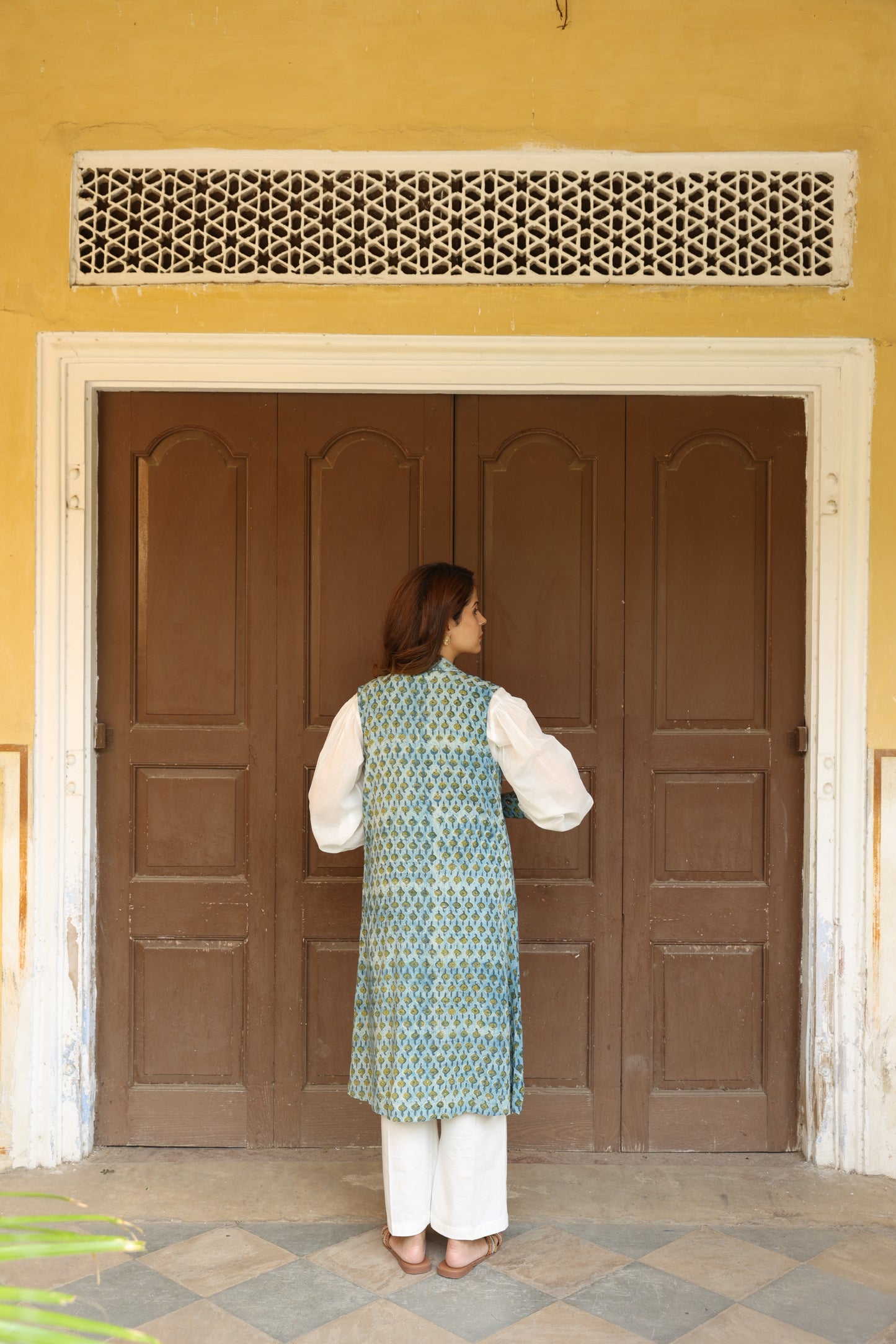 Green Open Jacket Block Printed Co-Ord Set (Set of 3)