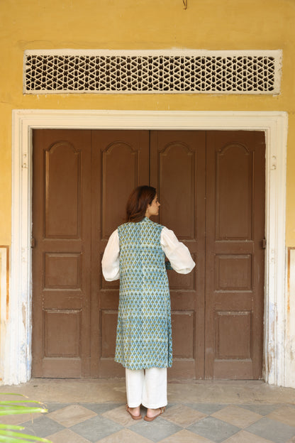 Green Open Jacket Block Printed Co-Ord Set (Set of 3)