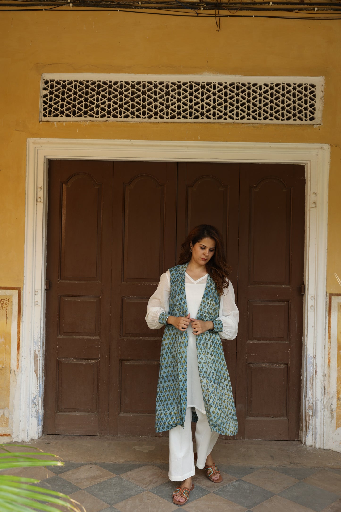 Green Open Jacket Block Printed Co-Ord Set (Set of 3)