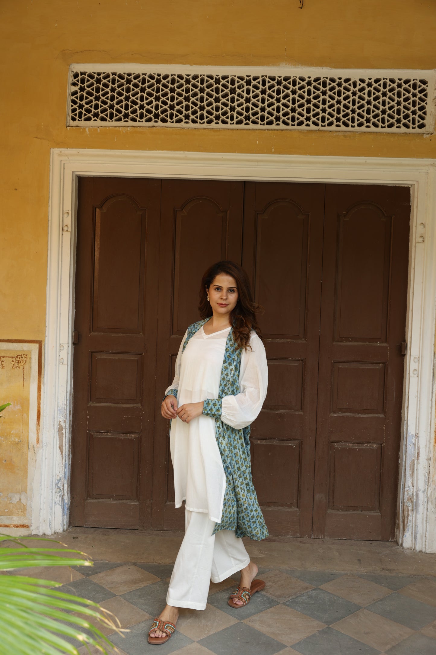 Green Open Jacket Block Printed Co-Ord Set (Set of 3)