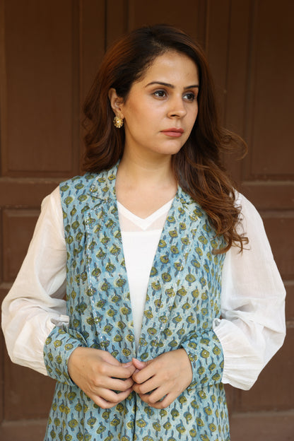 Green Open Jacket Block Printed Co-Ord Set (Set of 3)