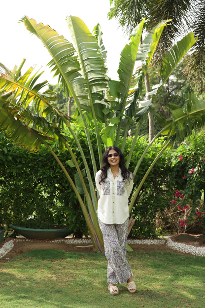 Purple Cotton Linen Block Printed Shirt Set (Set of 2)