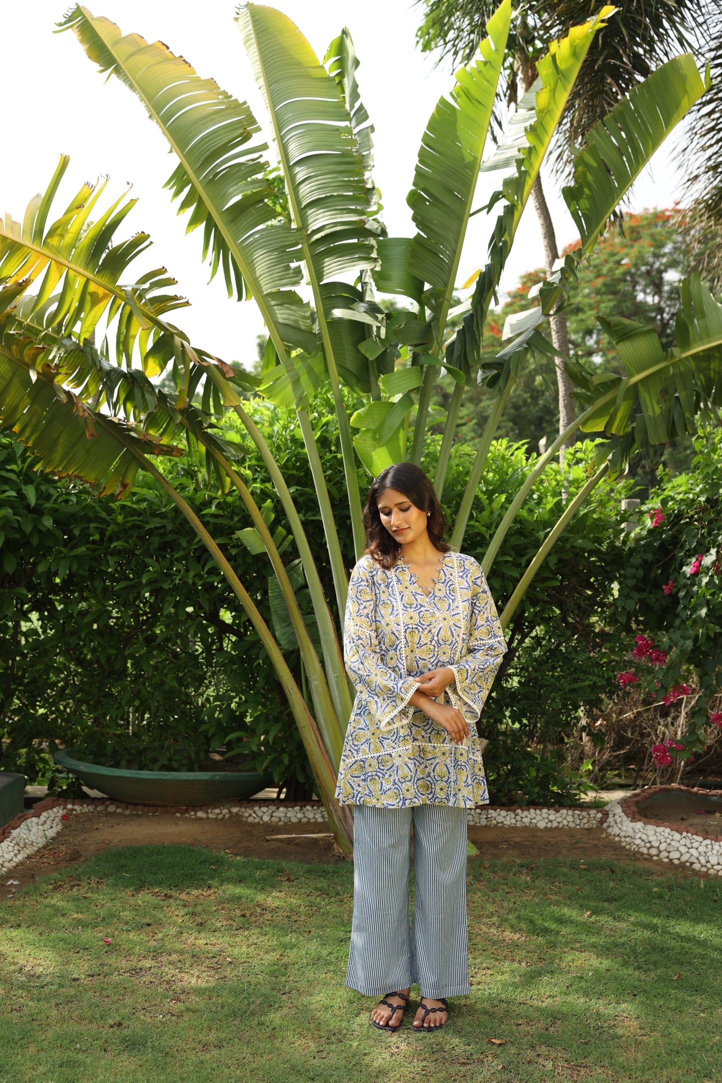 Yellow & Blue Floral Short Kurti & White Pants Set (Set of 2)