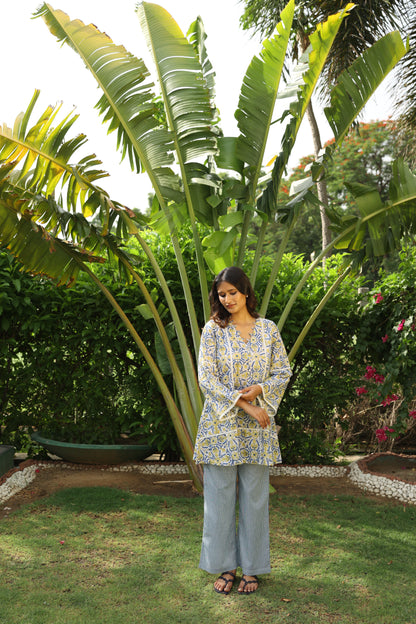 Yellow & Blue Floral Short Kurti & White Pants Set (Set of 2)
