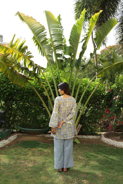Yellow & Blue Floral Short Kurti & White Pants Set (Set of 2)