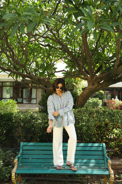 Blue Abstract Block Print Shirt and Pants Co-Ord Set (Set of 2)