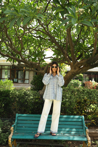Blue Abstract Block Print Shirt and Pants Co-Ord Set (Set of 2)