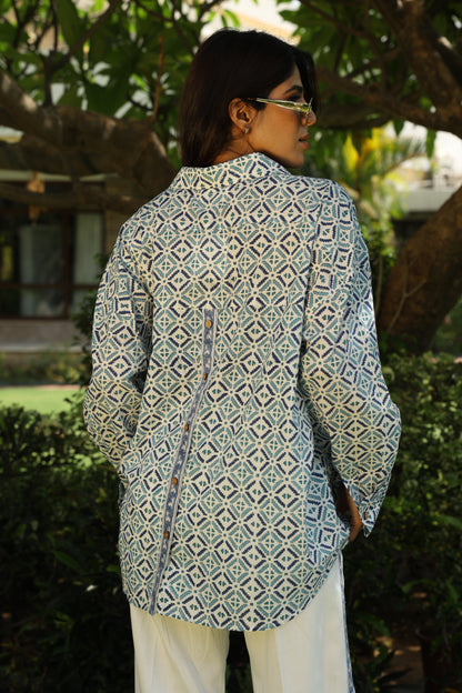 Blue Abstract Block Print Shirt and Pants Co-Ord Set (Set of 2)