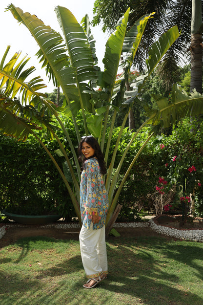 Blue Floral Short Kurti & White Pants Set (Set of 2)
