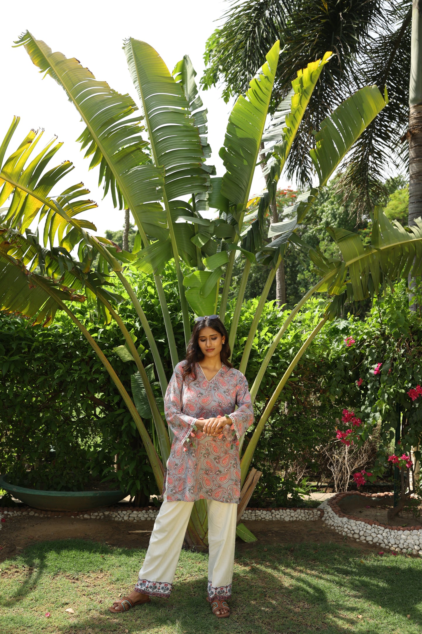 Gray Short Kurti & White Pants Set (Set of 2)