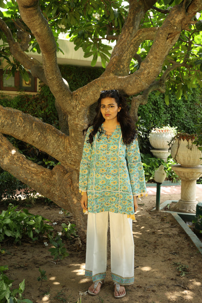 Sea-Green & Yellow Floral Short Kurti & White Pants Set (Set of 2)