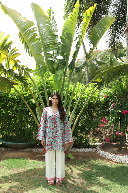 Sea-Blue & Red Floral Short Kurti & White Pants Set (Set of 2)