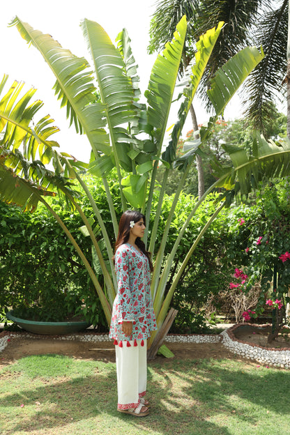 Sea-Blue & Red Floral Short Kurti & White Pants Set (Set of 2)
