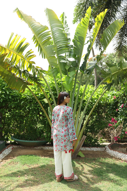 Sea-Blue & Red Floral Short Kurti & White Pants Set (Set of 2)