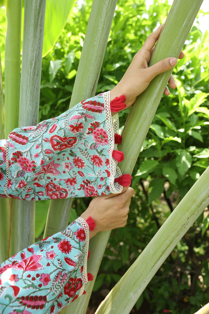 Sea-Blue & Red Floral Short Kurti & White Pants Set (Set of 2)
