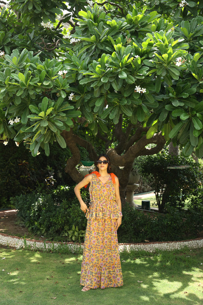 Yellow Floral Block Printed Skirt & Top Set (Set of 2)