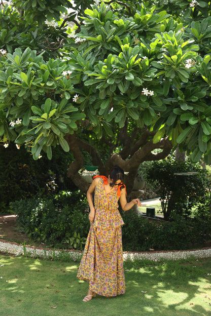 Yellow Floral Block Printed Skirt & Top Set (Set of 2)