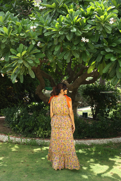 Yellow Floral Block Printed Skirt & Top Set (Set of 2)