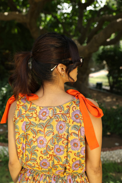 Yellow Floral Block Printed Skirt & Top Set (Set of 2)