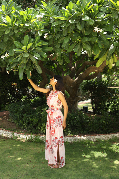 Pink Floral Block Printed Cotton Denim Dress