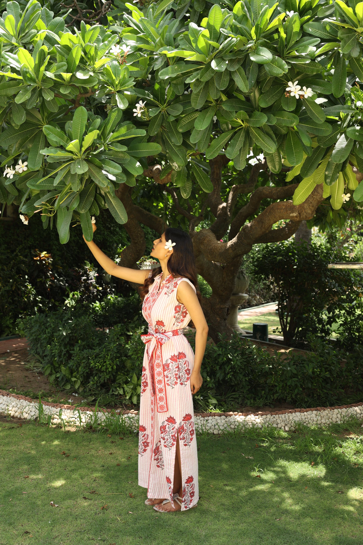 Pink Floral Cotton Linen Block Printed Dress
