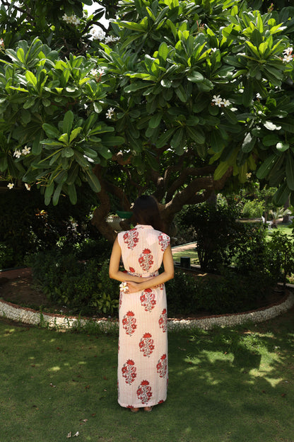 Pink Floral Block Printed Cotton Denim Dress