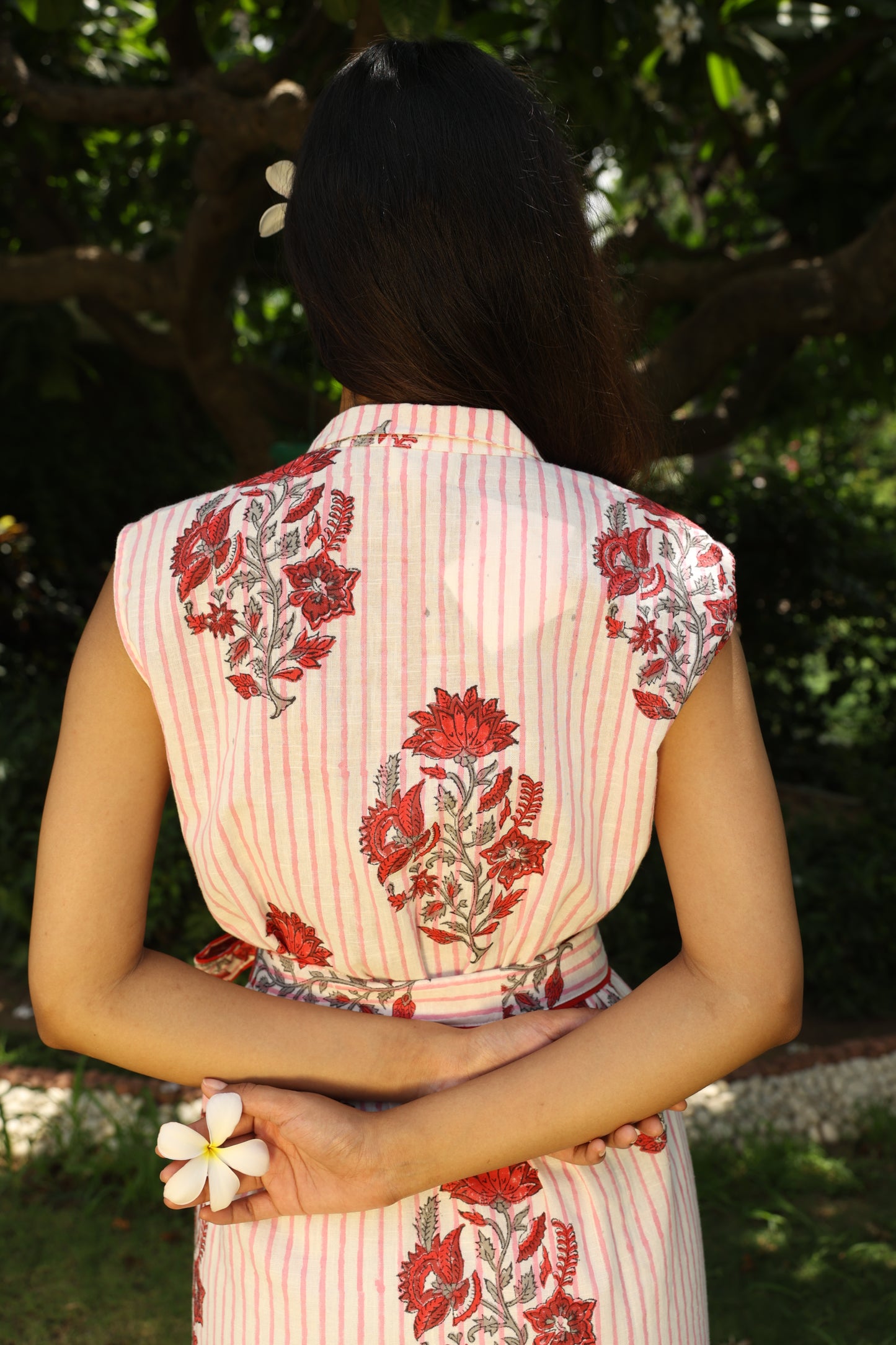 Pink Floral Block Printed Cotton Denim Dress