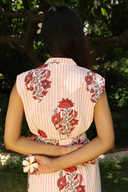 Pink Floral Block Printed Cotton Denim Dress